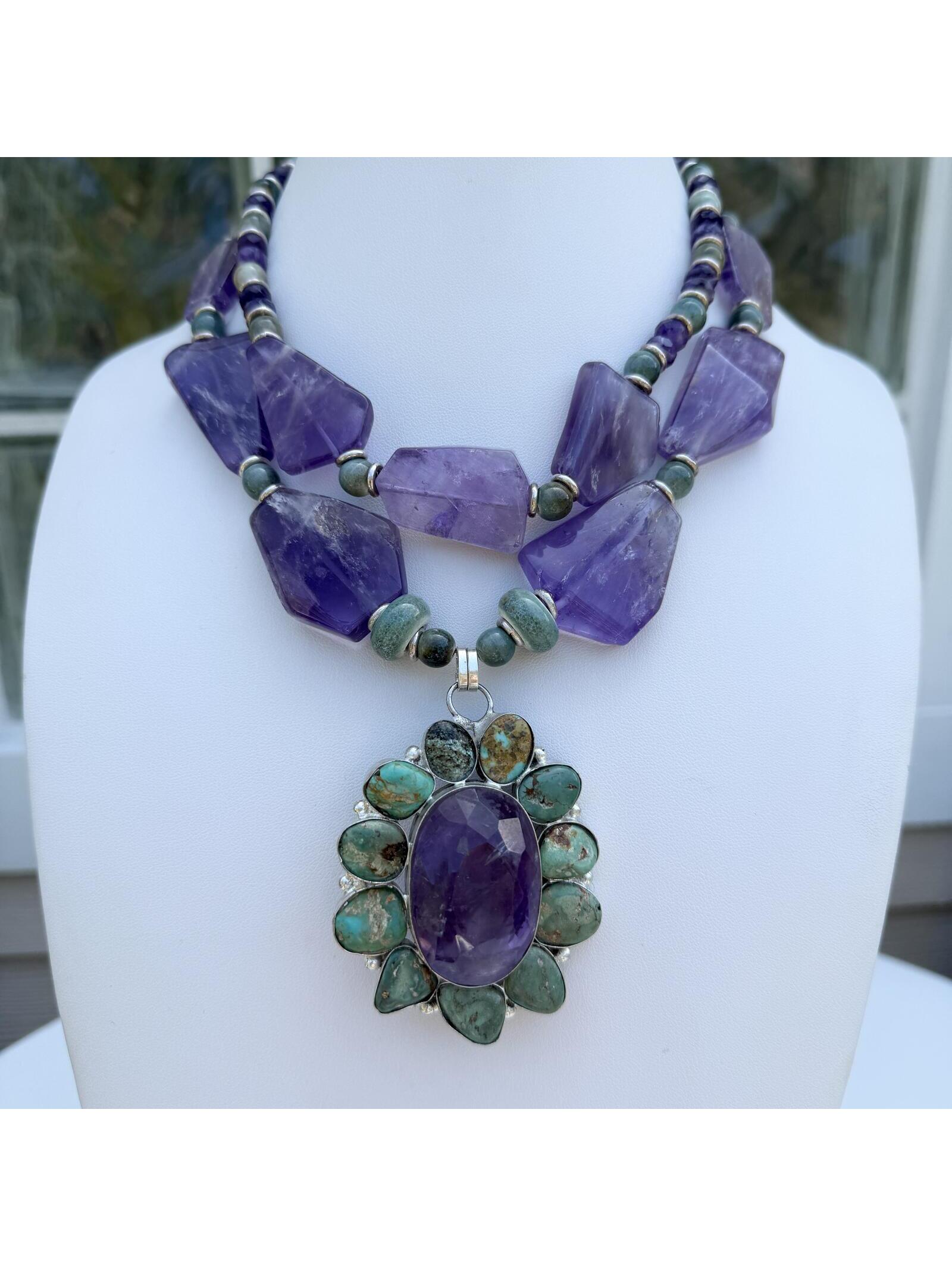 Amethyst, Turquoise And Ceramic Handmade Statement Necklace.